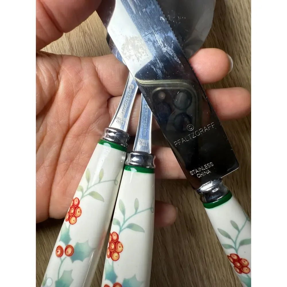 Pfaltzgraff Winterberry Holly Berry Ceramic Handle Stainless Serving Set 6pc